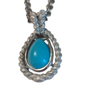 Avon Vintage 1972 Faux Turquoise Silvertone Teardrop Convertible Pendant Necklac